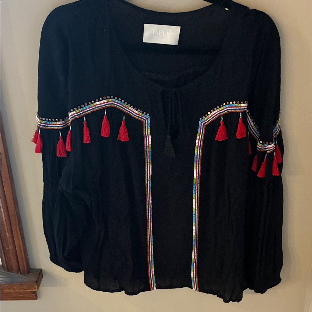 TOWNSEN Black Blouse with Red Tassel Accents